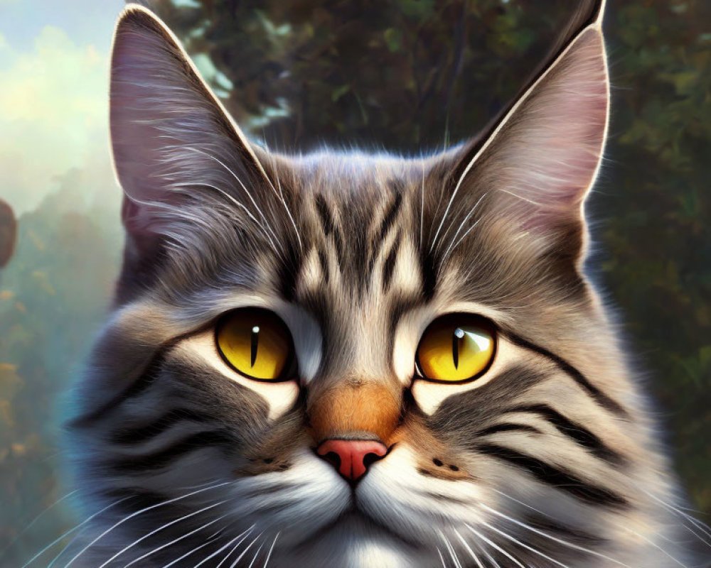 Detailed digital illustration of tabby cat with yellow eyes and fur patterns