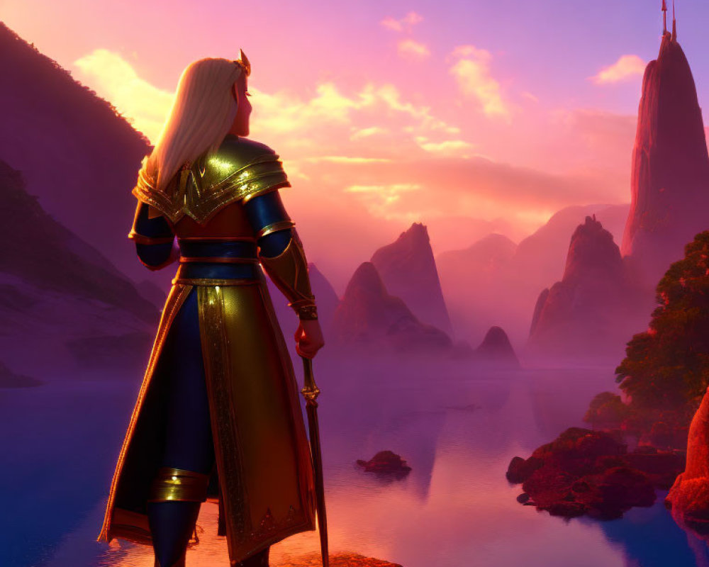 Blond character in blue armor with sword in fantasy sunset landscape