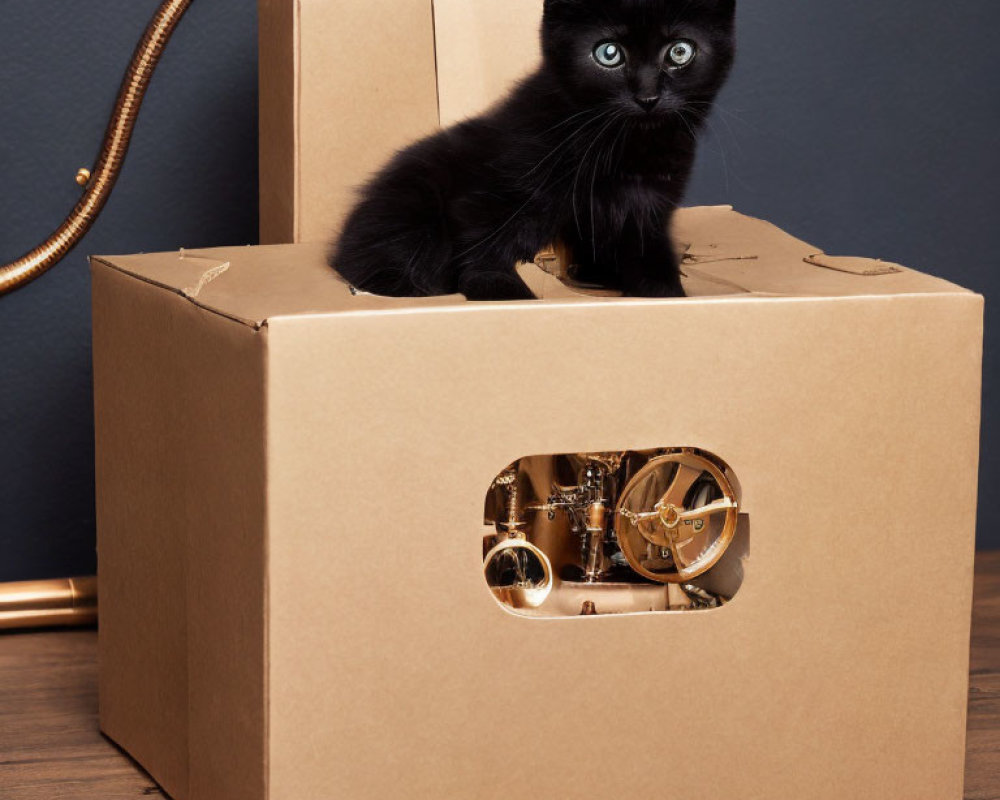 Black kitten on cardboard box with visible clock mechanism