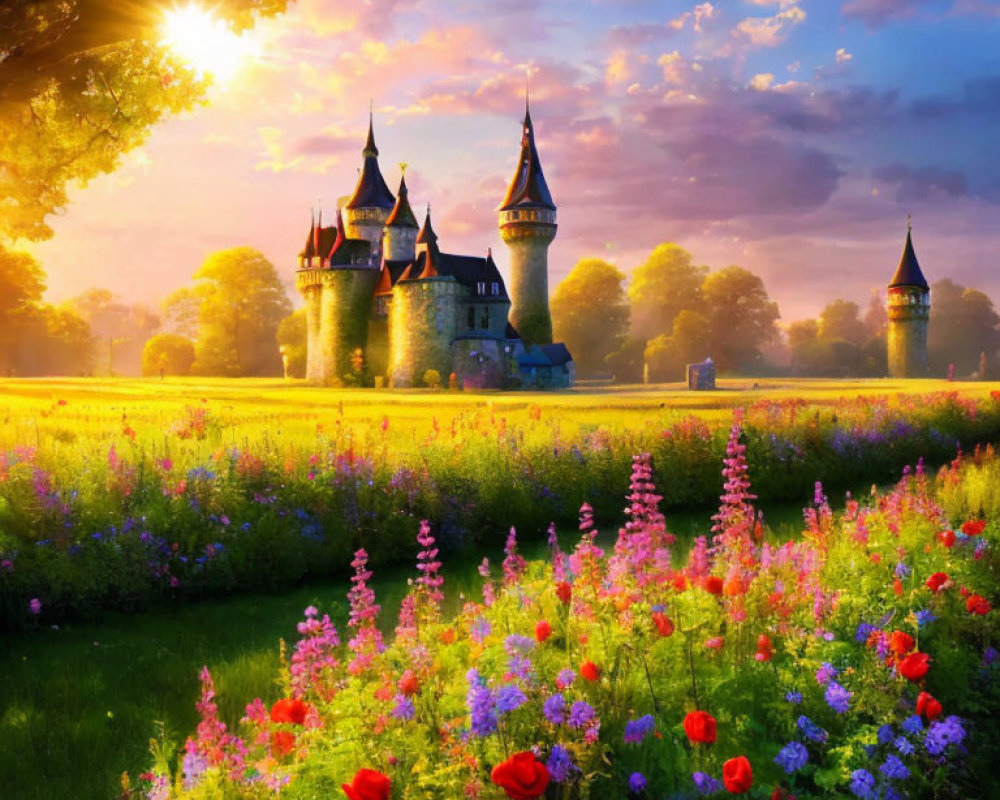 Majestic fairytale castle in vibrant floral landscape with warm sun glow.