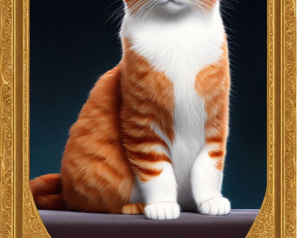 Orange and white cat in ornate golden frame on dark blue background