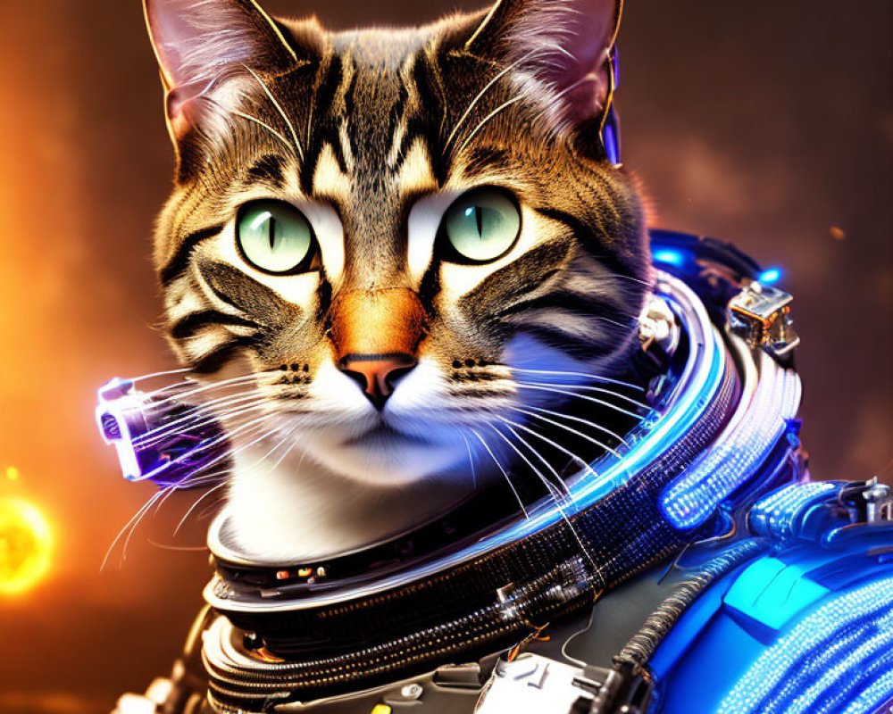 Tabby Cat in High-Tech Suit with Green Eyes on Amber Background