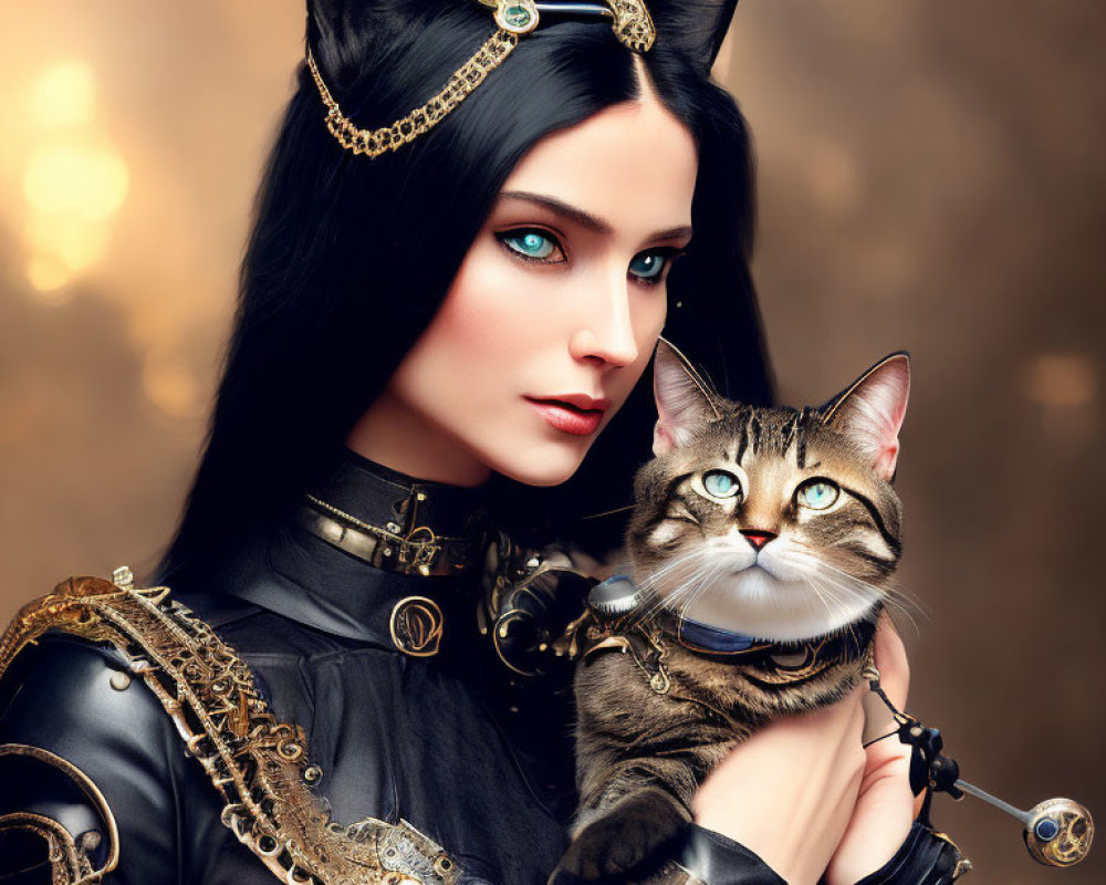 Stylized woman and cat in black costumes with gold accents and green eyes