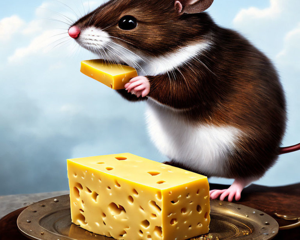 Anthropomorphic mouse with cheese on wooden platform against cloudy sky