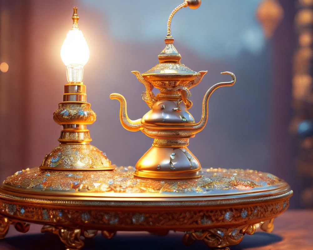 Intricately designed golden magic lamp on ornate tray against warm bokeh light