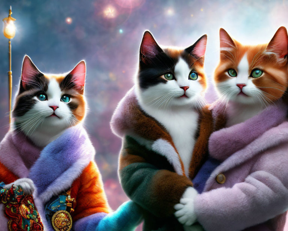 Anthropomorphic Cats in Elegant Coats Against Cosmic Sky