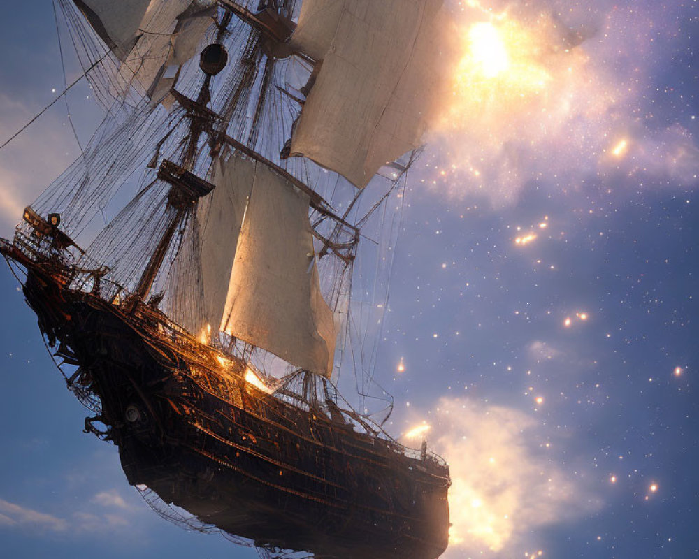 Vintage sailing ship under starry twilight sky.