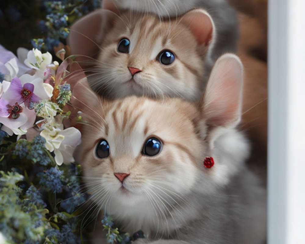 Blue-eyed kittens peering from window amidst flowers and snow.