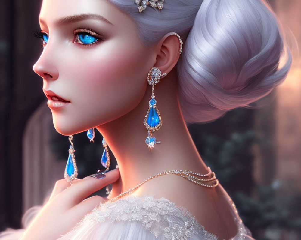 Digital Artwork: Woman with Pale Skin, Blue Eyes, Silver Hair, and Blue Gemstone Jewelry