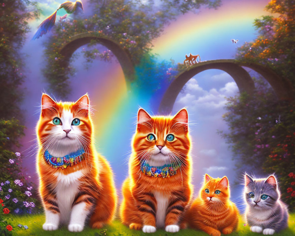 Colorful Cats with Blue Eyes in Whimsical Garden Under Double Rainbow