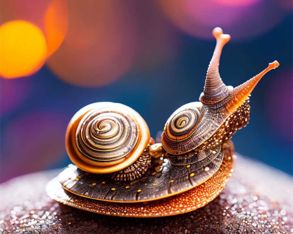 Close-Up Snail with Spiral Shell on Glittery Surface and Vibrant Bokeh Background