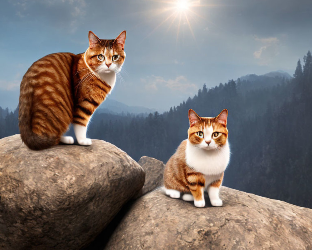 Two Orange and White Cats on Rocks with Misty Mountain Background