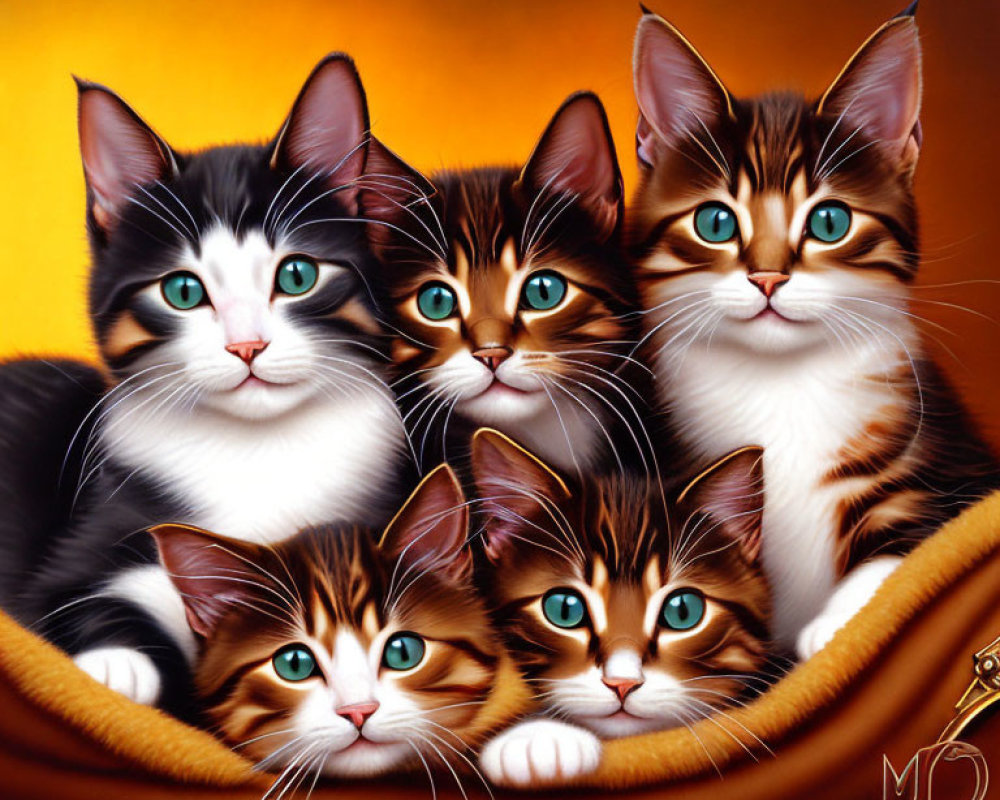 Five Colorful Cats with Blue and Green Eyes on Amber Background