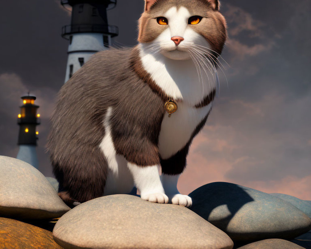 Realistic cat with medallion near lighthouse at twilight