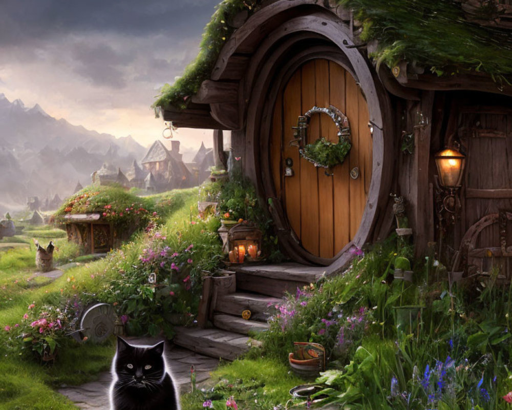 Whimsical countryside scene with hobbit-style house, cat, and rolling hills