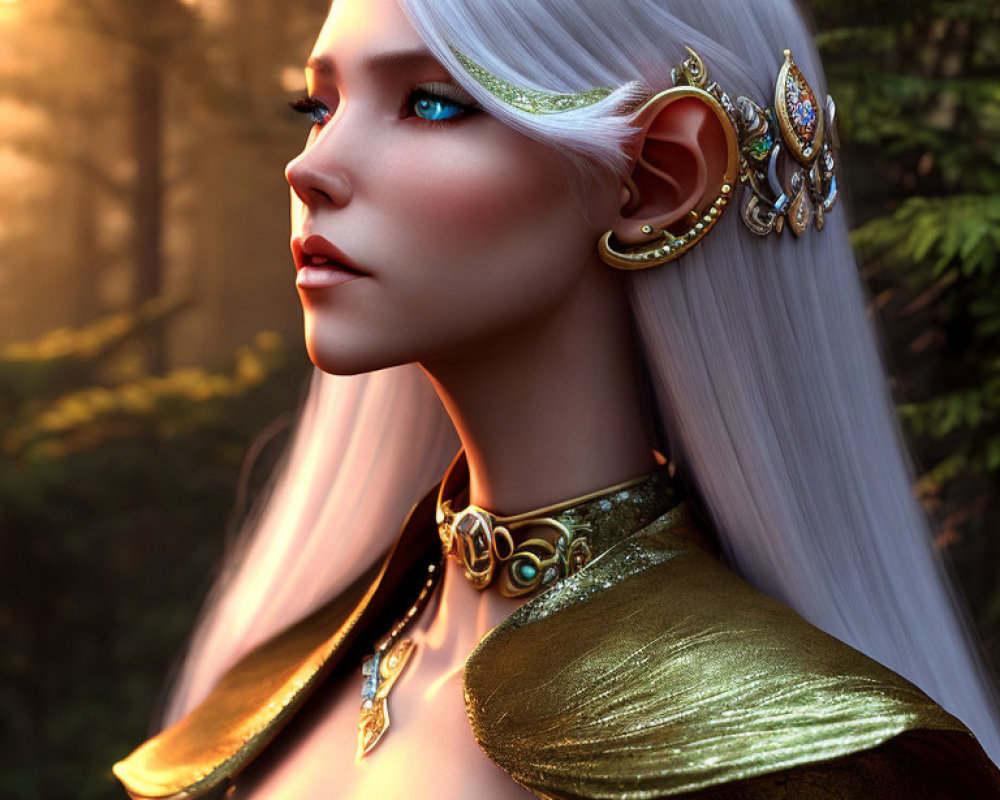 Platinum blond elf adorned with golden jewelry in sunlit forest