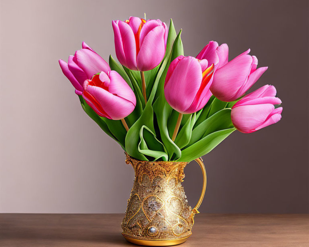 Pink tulips in golden vase on gradient background