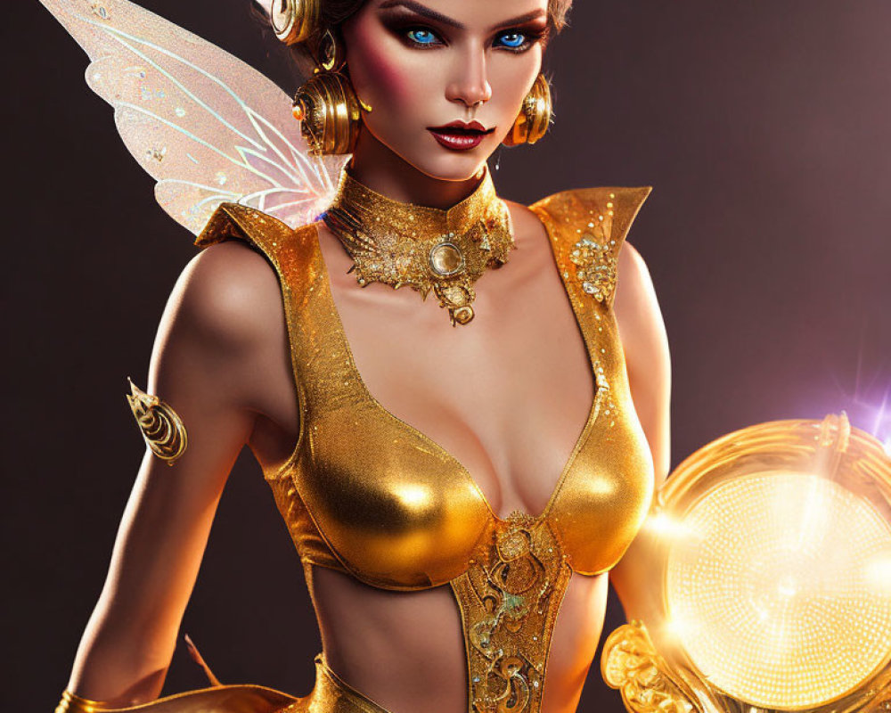 Fantasy female character with iridescent wings and golden armor holding a glowing orb