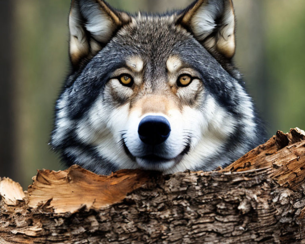 Close-up of wolf with striking eyes in wooded area