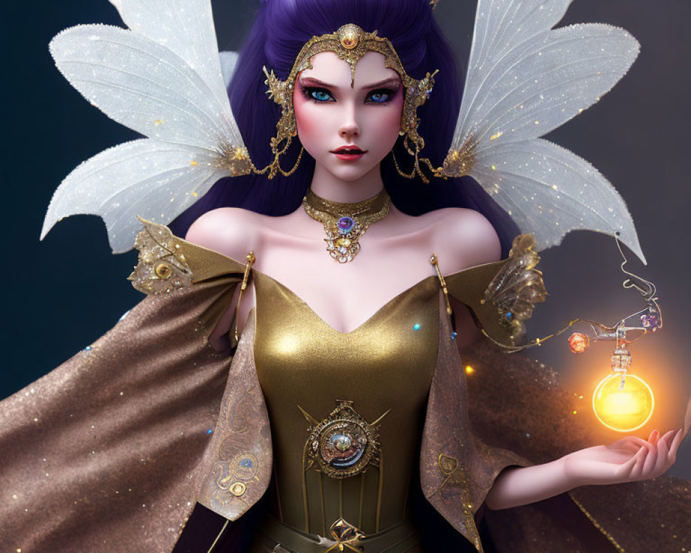 Fantasy character with purple hair, gold attire, wings, and glowing orb