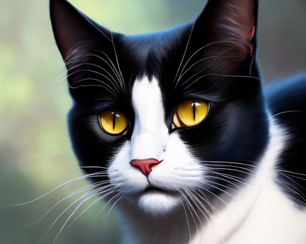 Black and White Cat with Yellow Eyes and Sharp Gaze