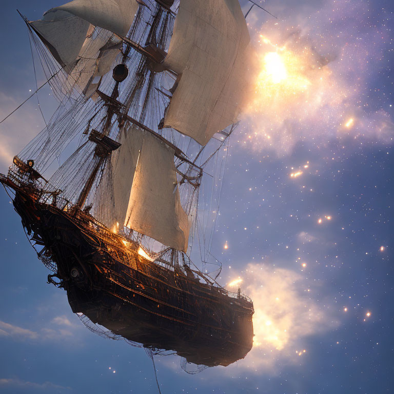 Vintage sailing ship under starry twilight sky.