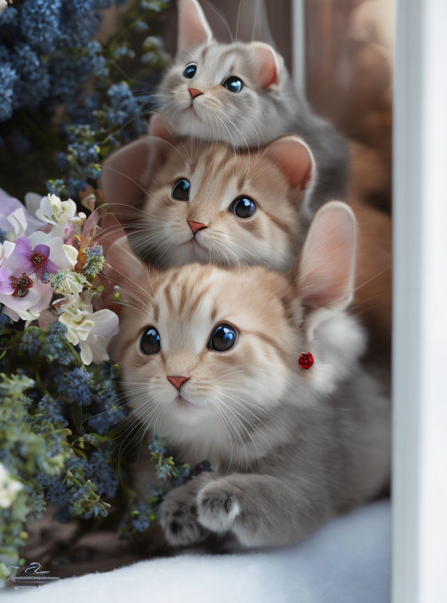 Blue-eyed kittens peering from window amidst flowers and snow.