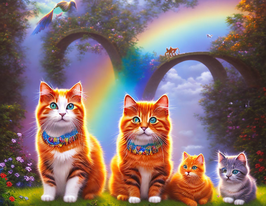 Colorful Cats with Blue Eyes in Whimsical Garden Under Double Rainbow