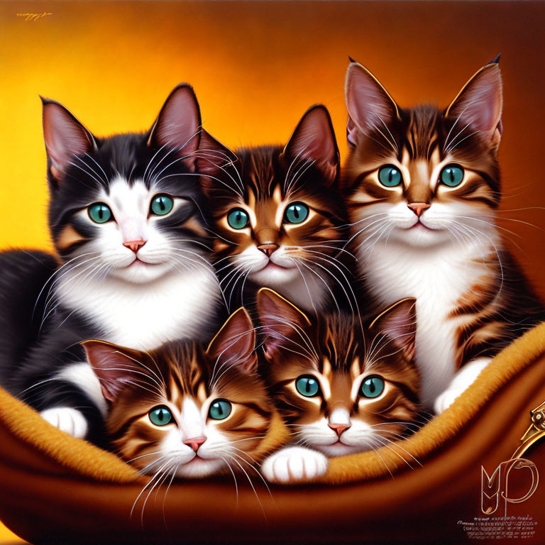 Five Colorful Cats with Blue and Green Eyes on Amber Background