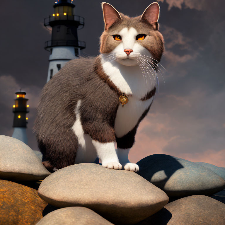 Realistic cat with medallion near lighthouse at twilight