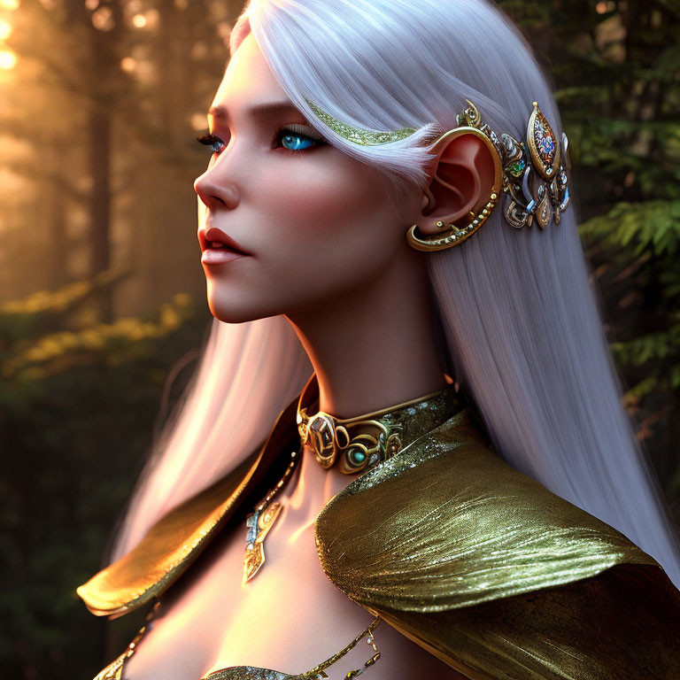 Platinum blond elf adorned with golden jewelry in sunlit forest