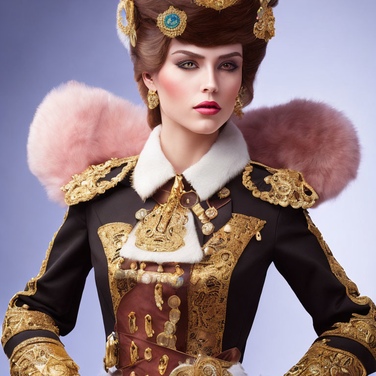 Luxurious vintage-style military uniform with gold embroidery on a woman against purple background