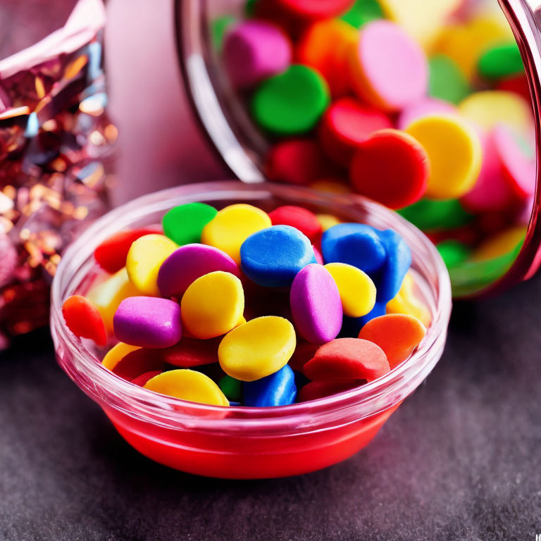 Colorful Coated Chocolate Candies Spill from Tilted Bowl