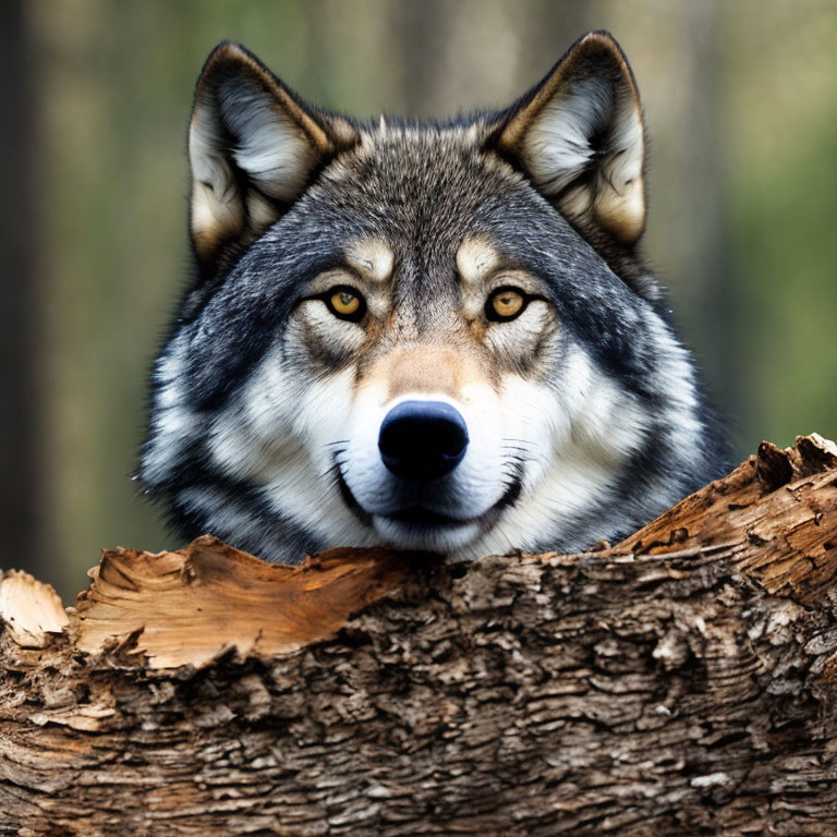 Close-up of wolf with striking eyes in wooded area