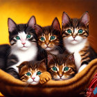 Five Colorful Cats with Blue and Green Eyes on Amber Background