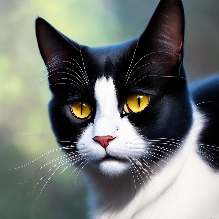 Black and White Cat with Yellow Eyes and Sharp Gaze