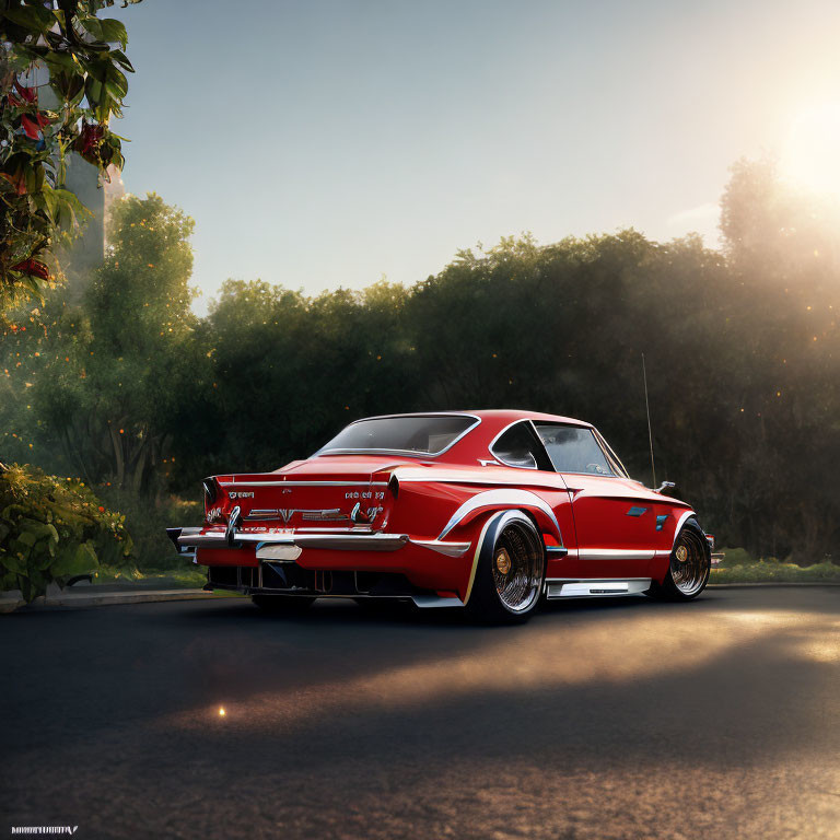 Vintage Red and White Coupe with Racing Stripes on Sunlit Road