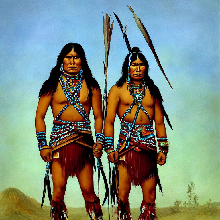 Native Americans in traditional attire with spears outdoors