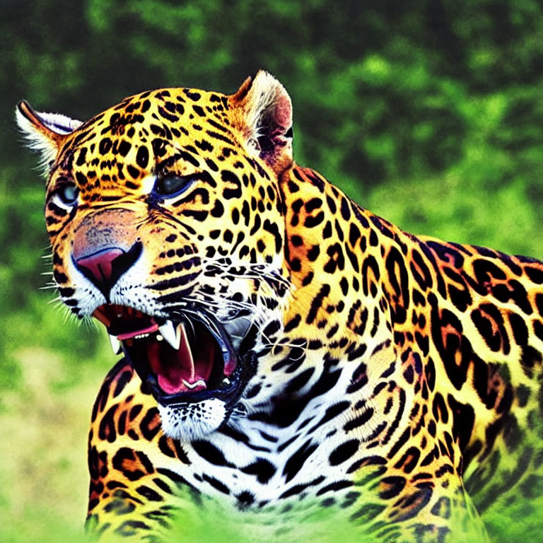 Vibrant spotted jaguar roaring or yawning with sharp teeth on green background