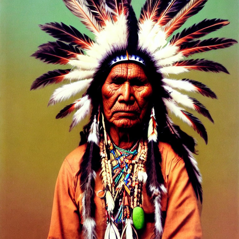 Elder in Traditional Native American Headdress with Feathers