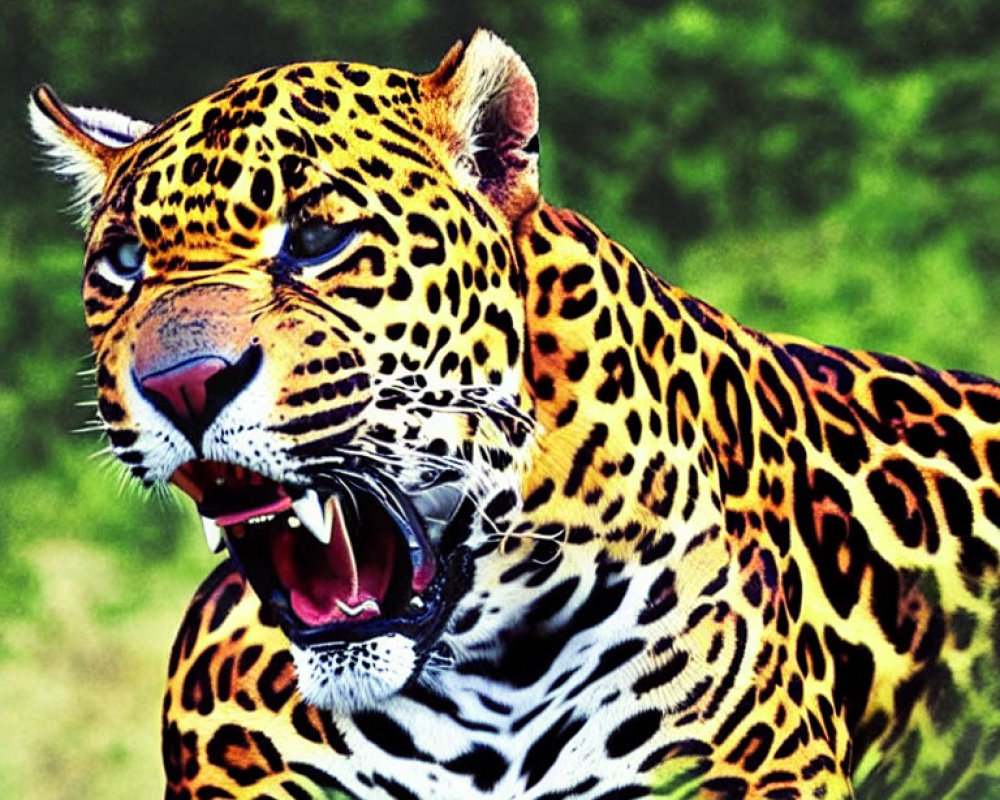 Vibrant spotted jaguar roaring or yawning with sharp teeth on green background