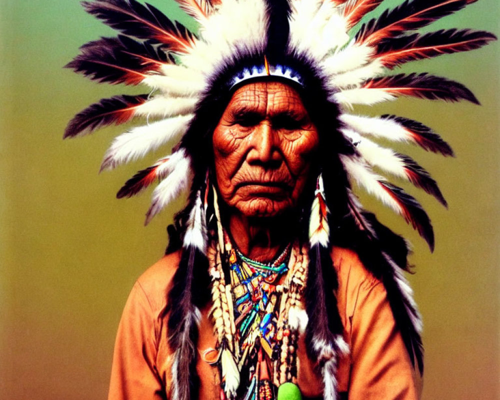 Elder in Traditional Native American Headdress with Feathers