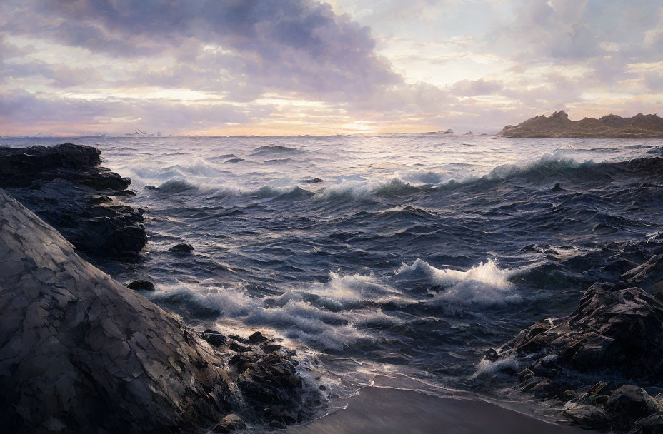 Twilight seascape with rough waves crashing on rocky shore