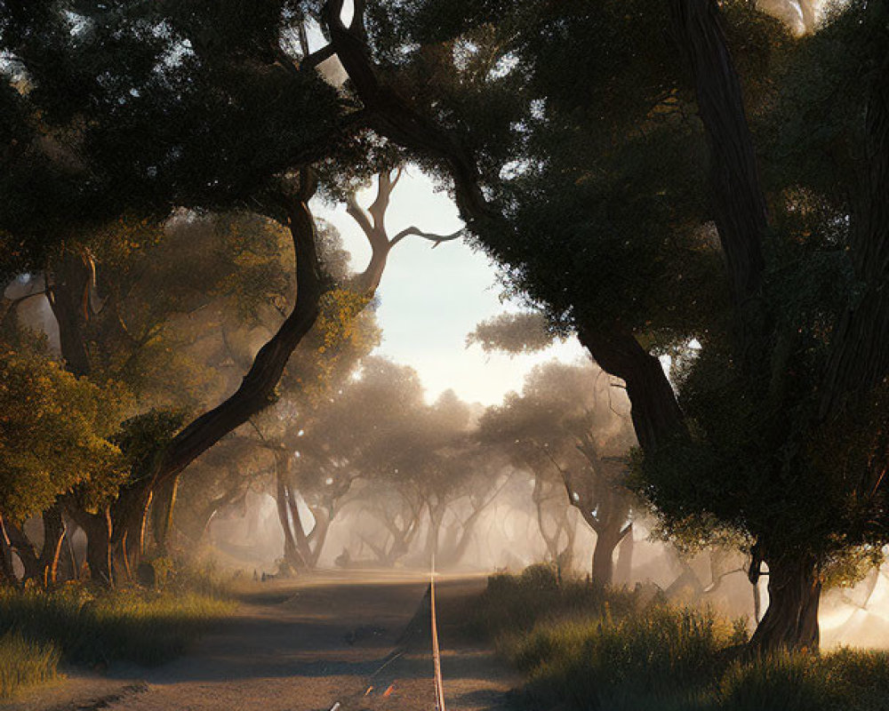 Sunlit forest with railroad tracks and ethereal light piercing canopy