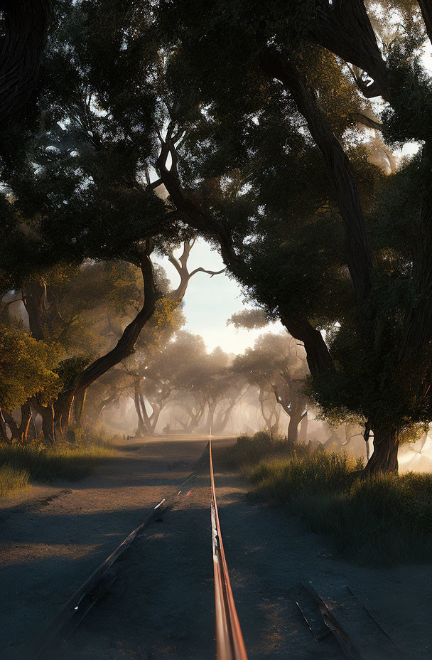 Sunlit forest with railroad tracks and ethereal light piercing canopy