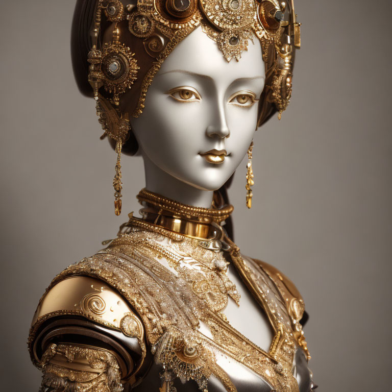 Gold and White Automaton-Style Figure with Intricate Filigree Details