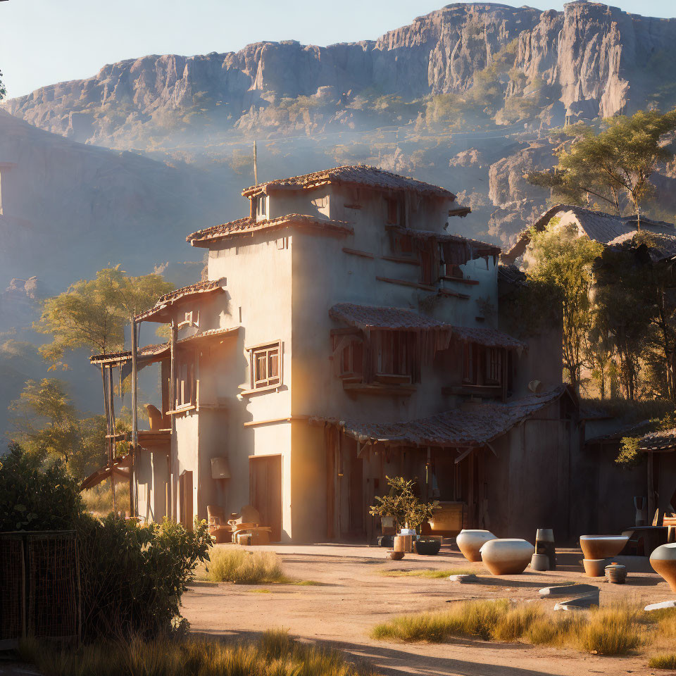 Sunlit Rustic Building with Mountainous Backdrop and Terracotta Pots