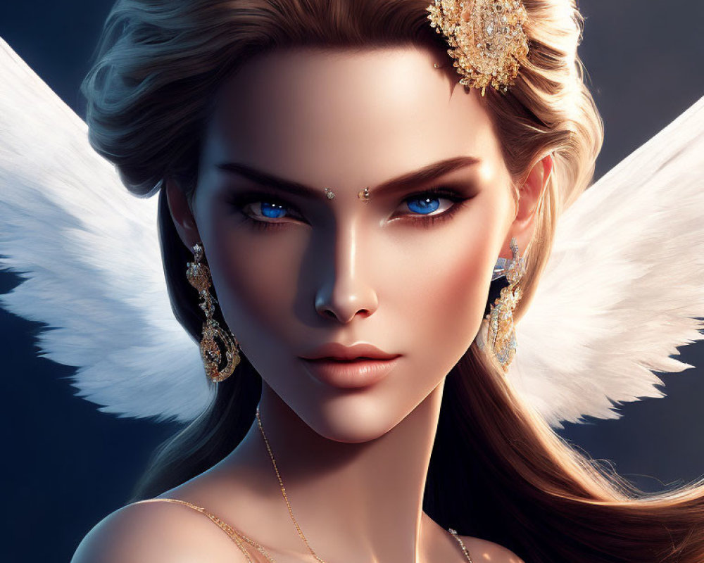 Digital portrait of woman with blue eyes, gold jewelry, and white feathered wings