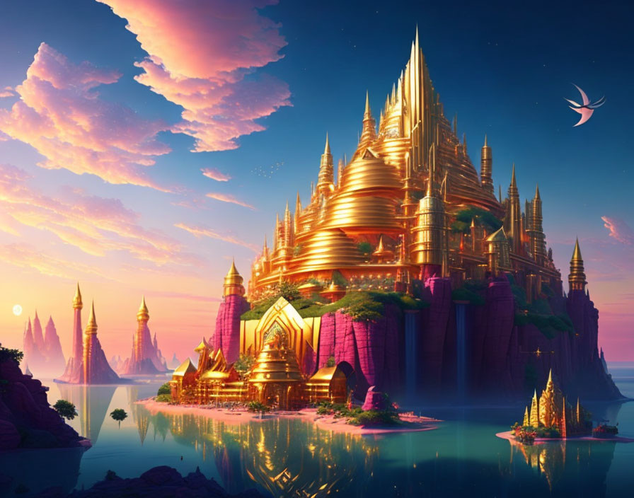 Golden castle on cliff overlooking serene ocean with pink skies.