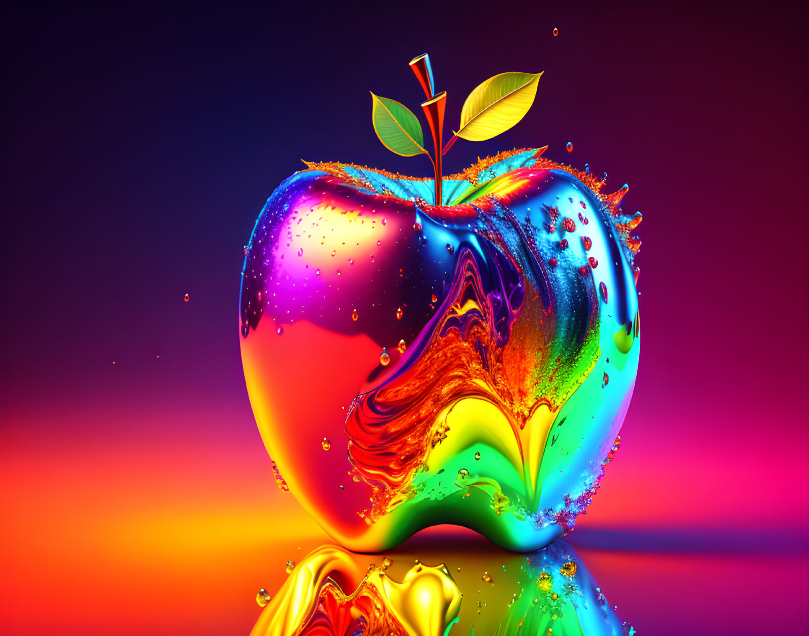 Colorful Apple with Liquid Splash and Twig on Gradient Background
